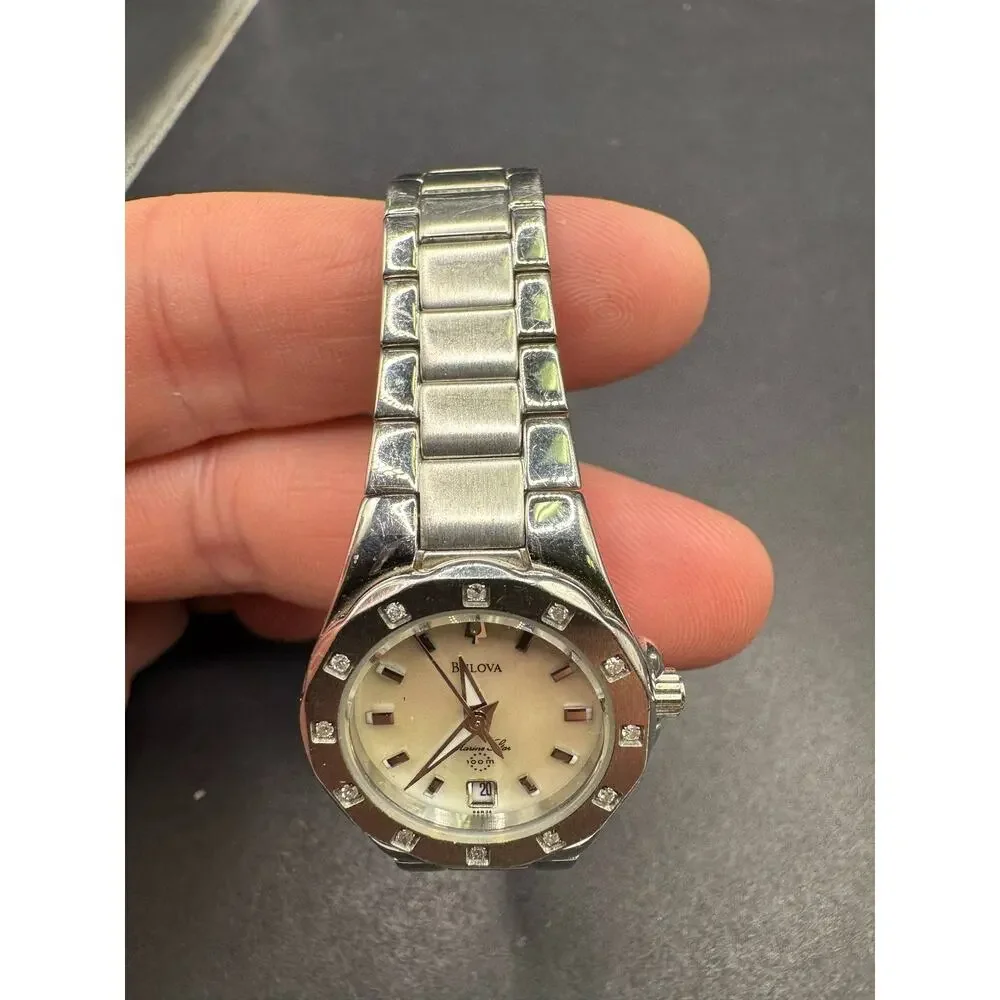 Bulova Marine Star 96R24 Women's Diamond Bezel Stainless Steel Watch Date 100M